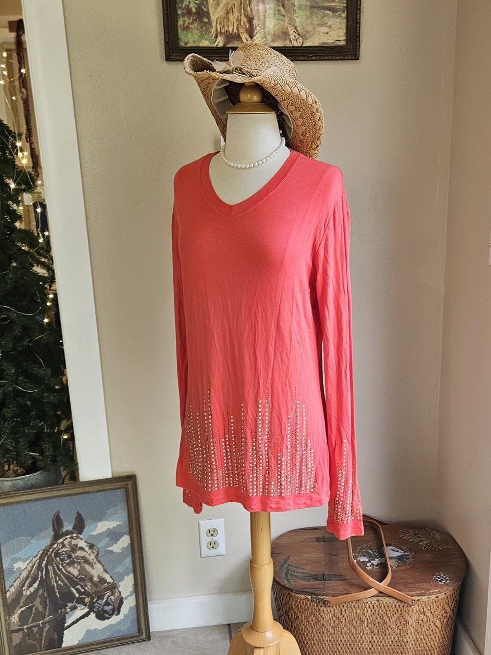 Long Sleeve V-Neck Studded Coral Top